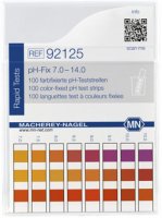 Индикаторни ленти pH-Fix (диапазон 7 ... 14 pH) в класическа плоска кутия с цветна скала.